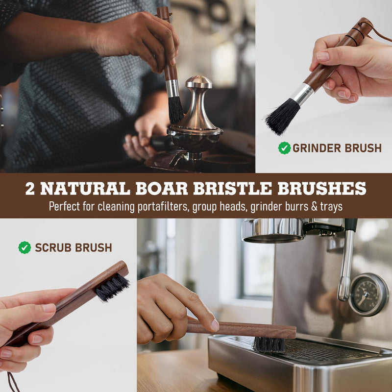 Takavu Coffee Grinder Cleaning Kit – 5pcs Boar Bristle Grinder Brush, Detail Scrub Brush, Steam Wand Brushes & Microfiber Towel for Espresso Machine Coffee Maker Pour Over