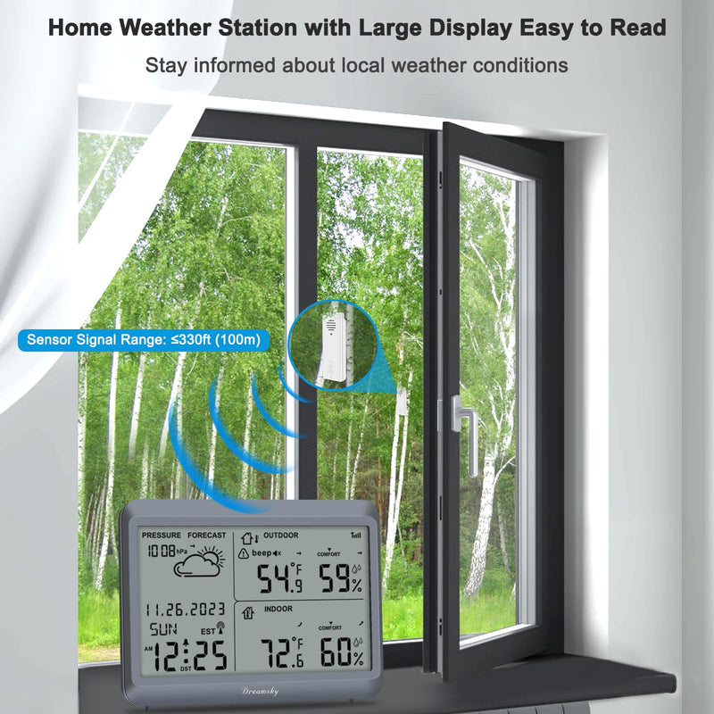 DreamSky Weather Station Indoor Outdoor Thermometer Wireless - Atomic Clock with Indoor/Outdoor Temp, Date & Day, Battery Powered, Home Weather Forecast Clock with Inside Outside Temperature Humidity Grey