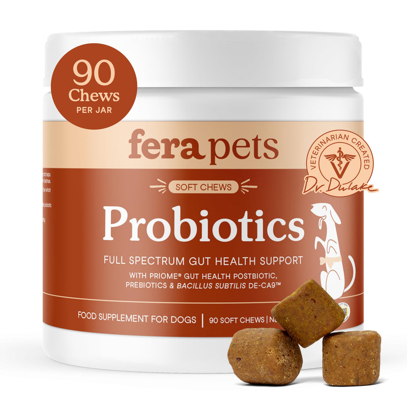 Fera Pets Probiotics for Dogs with Prebiotics and Postbiotics - Full Spectrum Gut Health Support - Promotes a Balanced Gut Microbiome - Boosts Immune Health - 90 Soft Chews 90 Chews