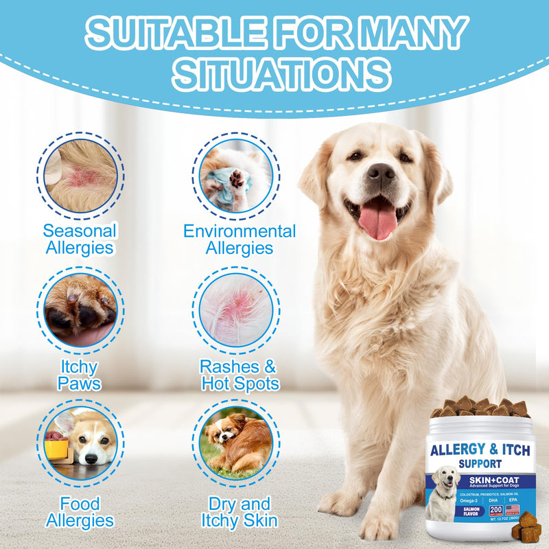 Dog Allergy Chews 200ct, Dog Allergy and Itching Skin Relief Bites Anti-Itch Skin & Coat Supplement Immune Support with Colostrum for Itchy Skin and Itchy Ears Licking Paws for Dogs Seasonal Allergies Salmon