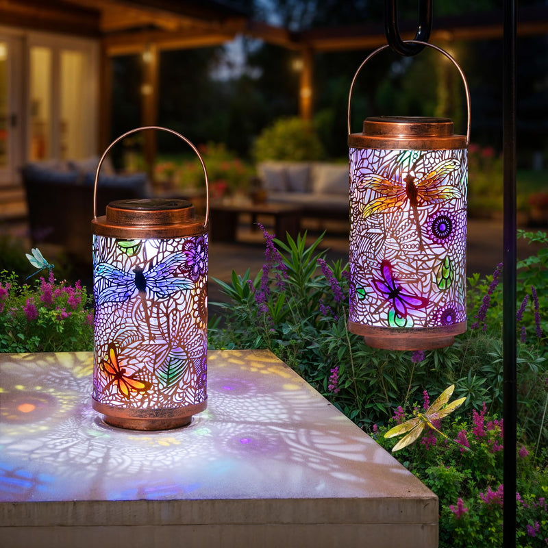 2Pack Solar Outdoor Lanterns Waterproof Dragonfly Garden Gifts for Women Patio Decor Lights Metal Lantern for Yard, Tabletop, Porch, Outside,Mothers Day Gifts for Mom Women KG3037QT