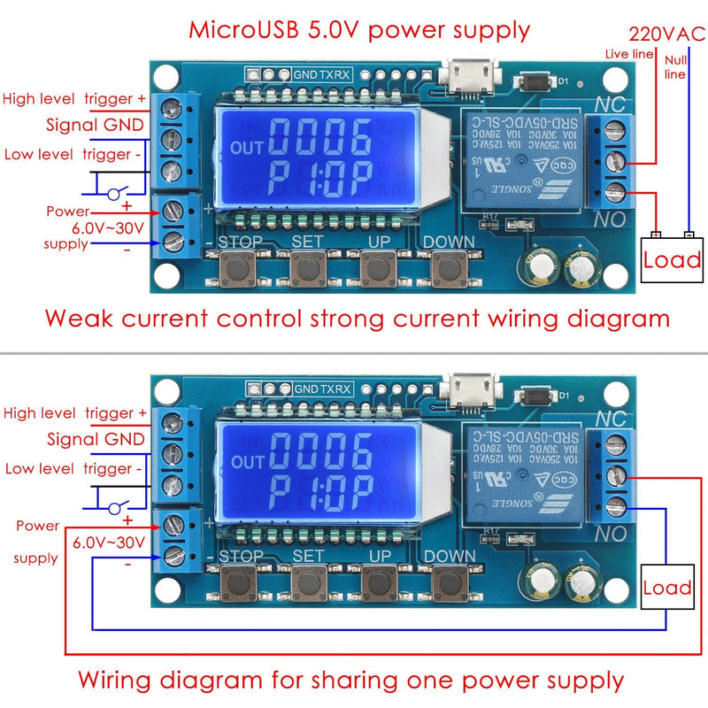 DROK Timer Relay, Time Delay Relay DC 5V 12V 24V Delay Controller Board Delay-off Cycle Timer 0.01s-9999mins Trigger Delay Switching Relay Module with LCD Display Support Micro USB 5V Power Supply 1pcs Blue