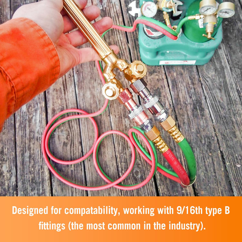 CAMPFIRE QDB10 Oxy Acetylene Quick Connect Fittings QDB10 9/16"-18 B Hose to Torch Connector Set, High Pressure Brass Coupler with Integrated Check Valve, Leak-Proof Upgraded Design for Oxy Fuel