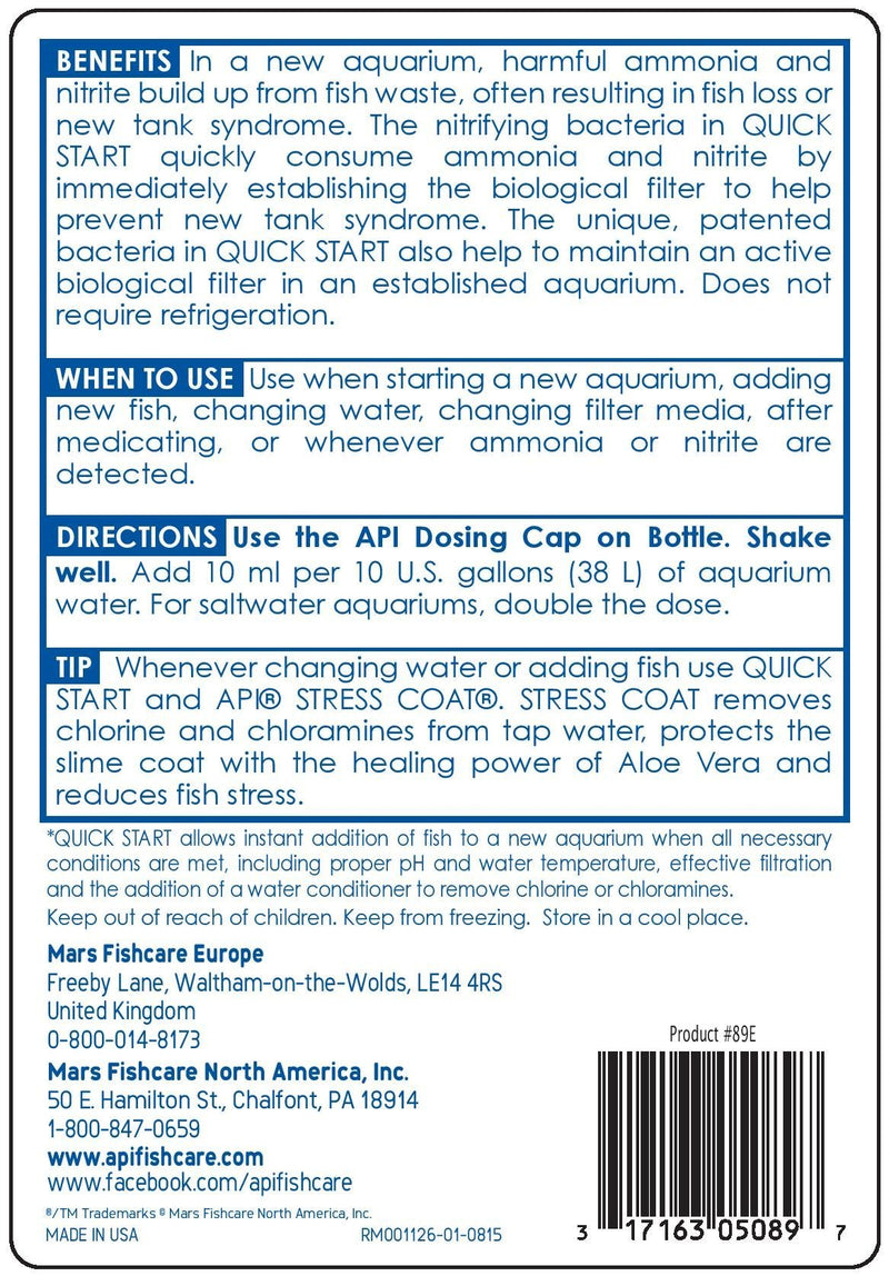 API QUICK START Freshwater and Saltwater Aquarium Nitrifying Bacteria 16-Ounce Bottle