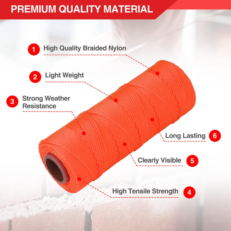 Goldblatt Mason Line, 500 Feet #18 Braided Nylon String Line, Nylon Twine for Gardening or Masonry Tools, Perfect Construction String for A String Level, Twine String for Gardening 500FT Fluorescent Orange
