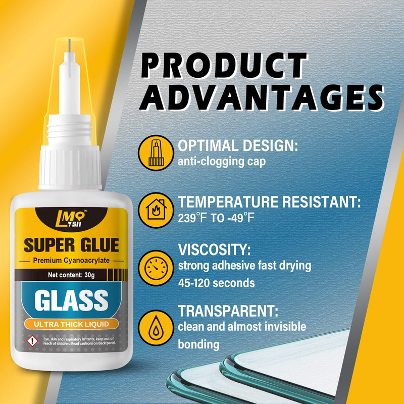 Glass Super Glue Liquid, Clear Instant Cyanoacrylate Adhesives for Glass Repair Food Safe, All Purpose CA Glue for Shoe Ceramic Plastic Leather Model Metal Wood Pottery Aquarium Porcelain Stone, Thick 30g-Thick Glass Glue