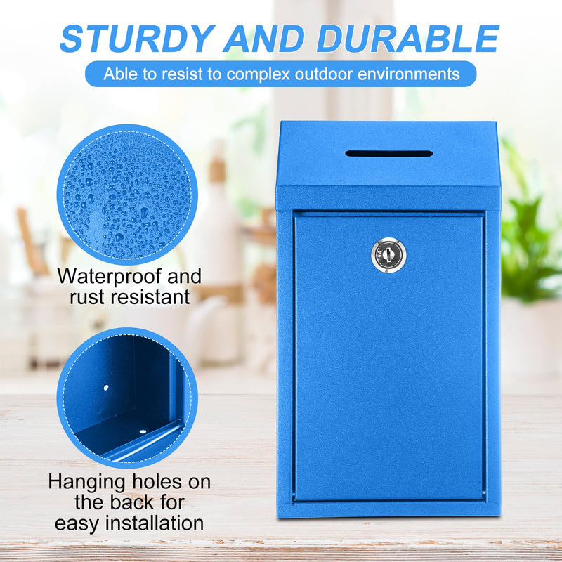 Metal Money Donation Cash Box Collection Safe Suggestion Box with Lock Wall Mounted Mailbox Delivery Ballot Container for Home Office Outdoor Farmstand(Blue,10.24 x 5.71 x 2.95 Inch) 10.24 x 5.71 x 2.95 Inch Blue