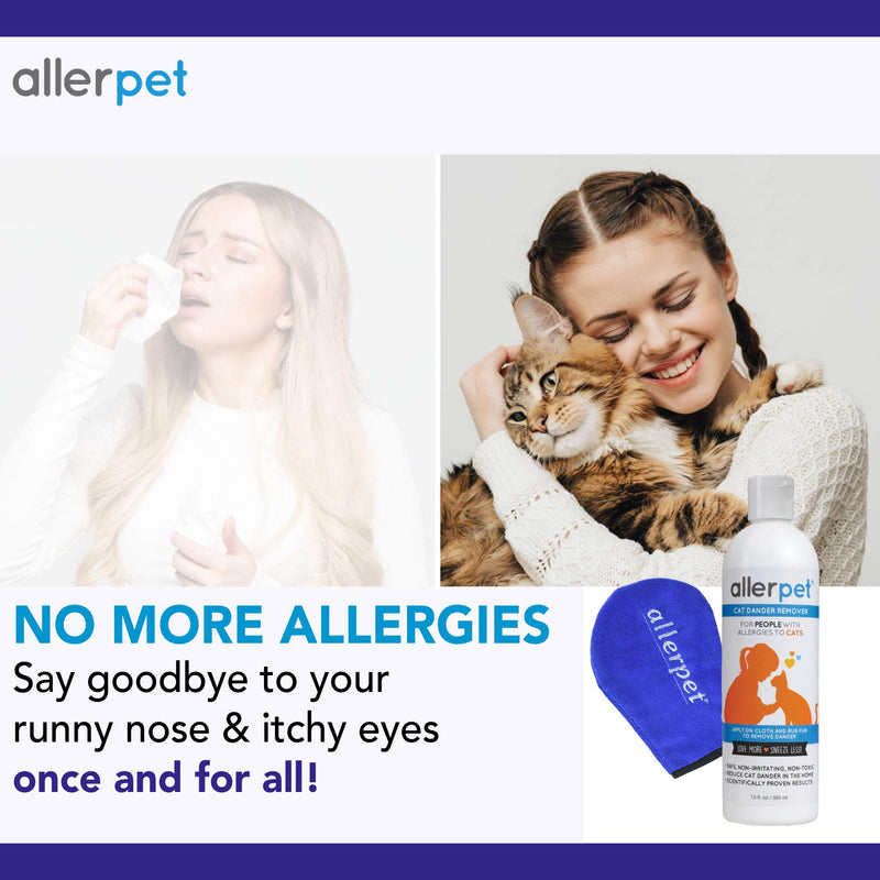 Allerpet Cat Dander Remover - 100% Non Toxic Pet Allergen Reducer - Scientifically Proven for Effective Cat Allergy Relief - Proudly USA Made (12oz) Single w/ Applicator Mitt - PawsPlanet Australia