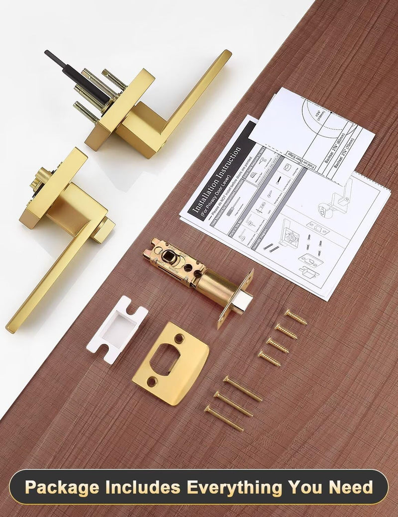 1 Pack Heavy Duty Gold Square Privacy Interior Door Levers, Satin Brass Finish, Bedroom and Bathroom Door Handles Keyless Bed/Bath Lockset 1 Pack Gold-Privacy