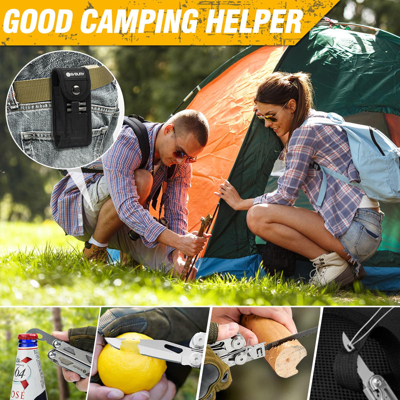 BIBURY Multitool Pliers, Stainless Steel Multi Tool Pliers with Replaceable Wire Cutters and Saw, Foldable Multitools with Scissors and Screwdriver, Ideal for Camping, Hiking, Survival, Repair Silver