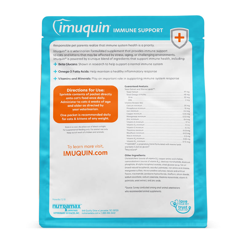 Nutramax Imuquin Immune Health Supplement Powder for Cats, with Beta Glucans, Marine Lipids, Vitamins and Minerals, 30 Packets Updated Version