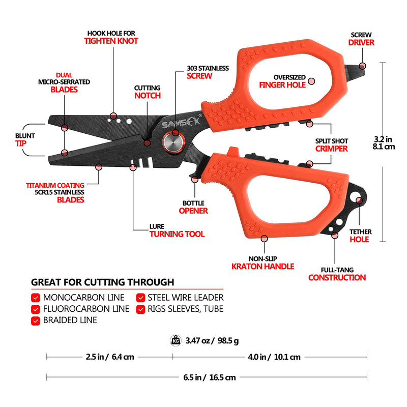 SAMSFX 6.5" Pro Fishing Shears Dual Serrated Blades, Fishing Braided Line Scissors with Titanium Coating, Non-Slip Grip & Multifunction Tool, Includes Hard Molded Locking Sheath & Coiled Lanyard A: Orange Kraton Handle, Hard Sheath