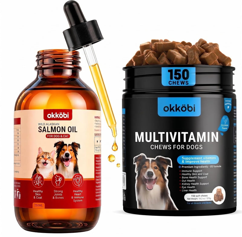 Dog Vitamins and Supplements Multivitamin Chewable 150 pcs with Wild Alaskan Salmon Oil for Dogs & Cats 8.5 oz - Omega 3, Glucosamine & Probiotics for Skin & Joint Support
