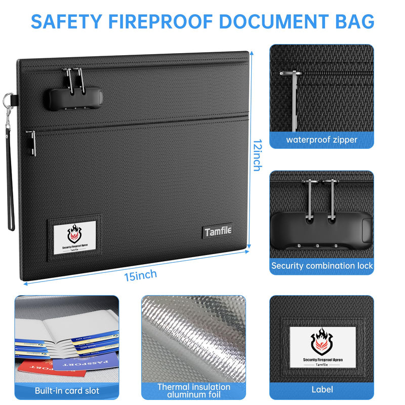 6400℉ Fireproof Document Bag with Lock, 15 x 12 inch Fireproof Money Bag 2 pockets with Zipper for Cash, Fire Safe Money Pouch Zipper for Important File,Valuables, Keys, Passports (Black) Black