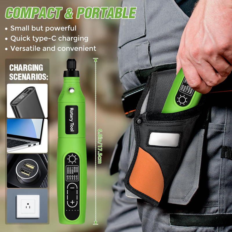 Rotary Tool | 3.7V Cordless Rotary Tool Kit, 2.0Ah Li-ion Battery 68PCS Accessories Power Rotary Tools, 5 Variable Speed Mini Rotary Tool Cordless Ideal for Light DIY Projects and Precision Work Green