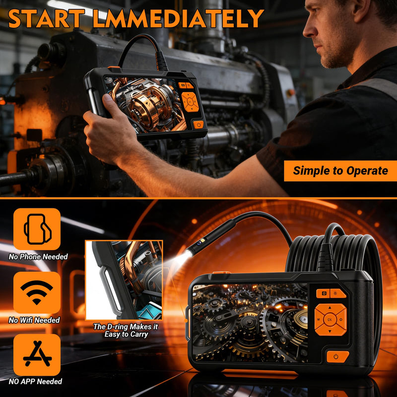 Dual Lens Endoscope Camera with Light, 1080P HD Borescope with 5" IPS Screen, 16.5FT Semi-Rigid Waterproof Inspection Camera, Snake Camera with Light & 32GB Card for Mechanic Tools & Plumbing