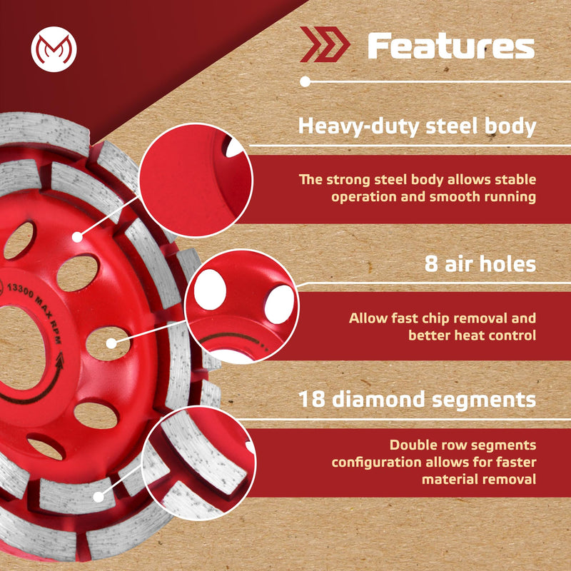 Diamond Grinding Wheel 4 1/2 inch for Angle Grinder, Concrete Grinding Wheel 18 Segments, Cup Grinding Wheel, Double Row Diamond Cup Wheel for Grinding Concrete, Cement, Masonry - Medium Bond