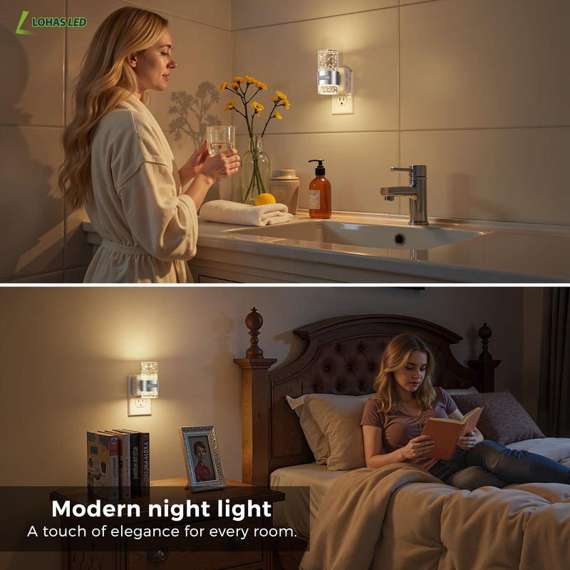 L LOHAS LED Motion Sensor Night Light,Dimmable Night Lights Plug into Wall, 2 Pack 3000K Night-Lights with 0-100 LM Adjustable, Acrylic Bubble Plug in Nightlight for Bathroom Hallway Nursery Sliver-motion sensor