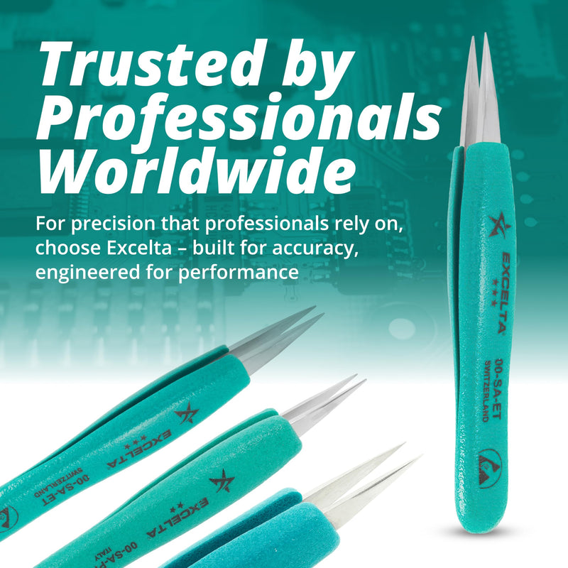 Excelta 00-SA-ET Stainless Steel Precision Tweezers, Straight Medium Point, Anti-Magnetic, ESD-Safe, Heat-Resistant, Anti-Static, Ergonomic, Professional-Grade for Lab, Electronics, Medical & Crafting 5" Straight Strong Point