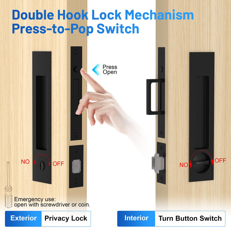 Dontay Pocket Door Hardware with Lock Privacy,Recess Edge Pull,Matte Black Matte Black Privacy Lock 1