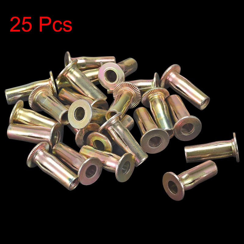 uxcell Multi-Grip Rivet-Nut, M6 Pre-Bulbed Shank Carbon Steel Color-Zinc-Plated Flat Head Threaded Insert Nut 25Pcs