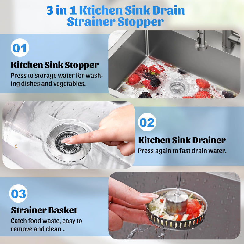 Kitchen Sink Drain Strainer - 2-Pack 3-in-1 Stainless Steel Kitchen Sink Stopper Pop-Up Sink Drain Strainer Basket Kitchen Sink Strainer Stopper Filter for US Standard 3-1/2 Inch Drain Silver-2pack