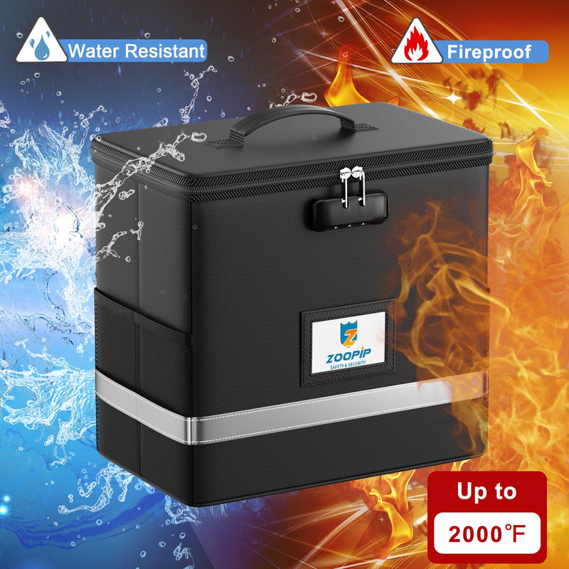 Fireproof File Box with Lock, Document Box Storage Organizer, Suitable for Hanging File Folders in Letter Size, Collapsible File Box, Reflective Strip for Fast Find (12.2"*6"*10.2, Black) Small