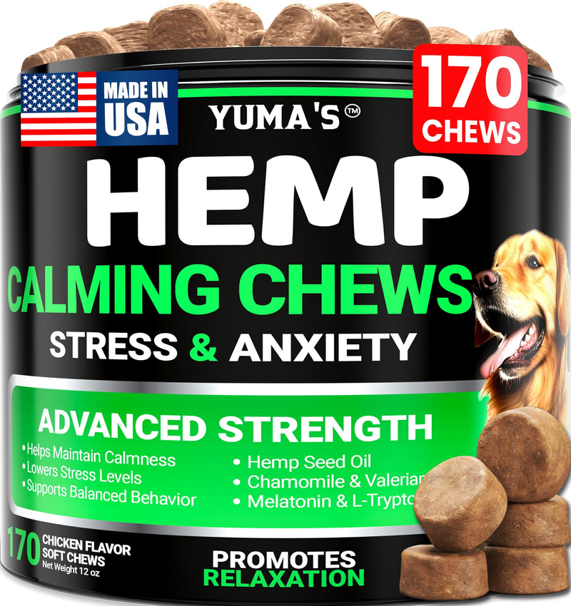 Hemp Calming Chews for Dogs - Advanced Dog Calming Chews - 170 Chews - Anxiety Relief Treats - Separation Aid, Barking, Stress Relief, Thunderstorms - Melatonin - Hemp Oil - Made in USA Hemp Calming Chews