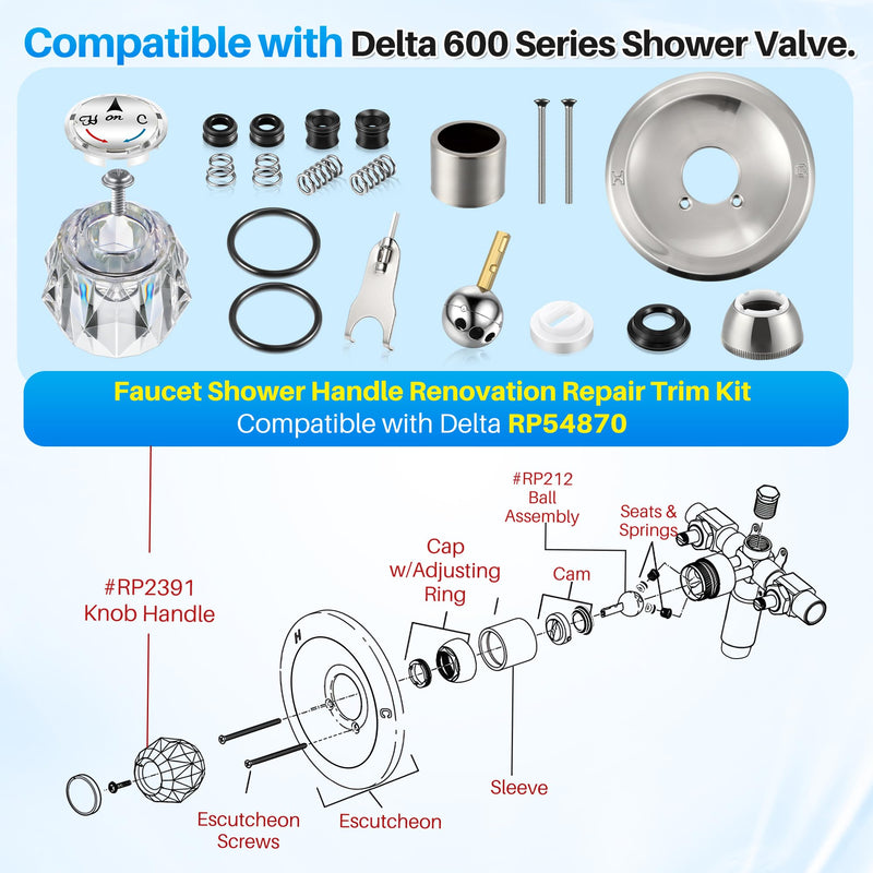Shower Handle Renovation Repair Trim Kit Compatible with Delta RP54870, Single Function Tub Trim Kit Compatible with Delta 600 Series Shower Valve, Acrylic Handle (Brushed Nickel) Brushed Nickel