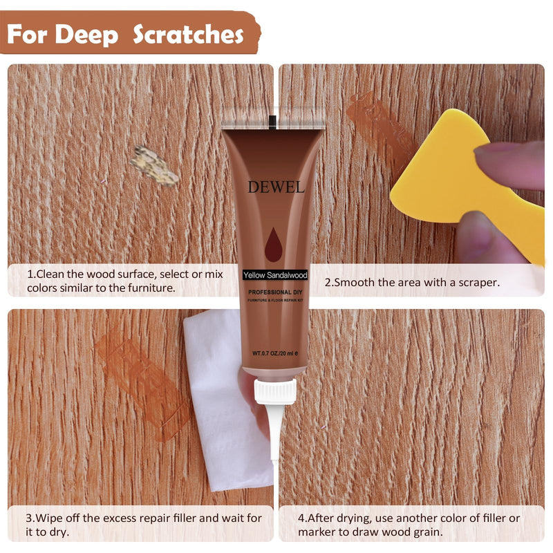 DEWEL Wood Furniture Repair Kit, New Upgrade Wood Fillers, Furniture Touch Up Markers, Wax Sticks, Wood Putty with Beeswax for Cracks, Wood Hole, Scratches, Floor, Table, Door 12+8+8