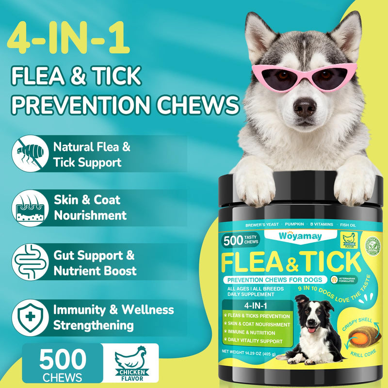 Woyamay 4-IN-1 Flea and Tick Prevention for Dogs, 500 Crunchy Dog Flea Chews, Dog Flea Treatment, Natural Oral Flea Treatment for Dogs, Daily Support for Flea, Skin & Coat, Gut, Immune, Chicken Flavor