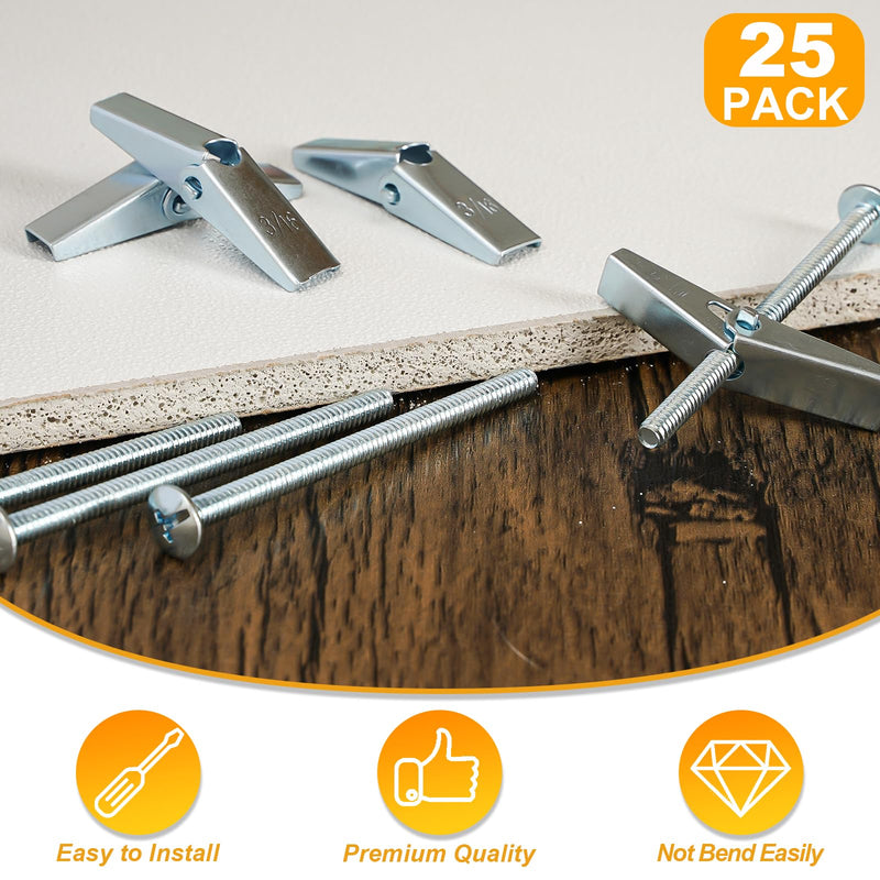 KURUI 3/16 Heavy Duty Drywall Anchors, 25 Pcs Metal Toggle Bolts with Bolts, Dry Wall Anchors and Screws Kit, Butterfly Anchors for Ceiling, Sheetrock, Hollow Wall 3/16"