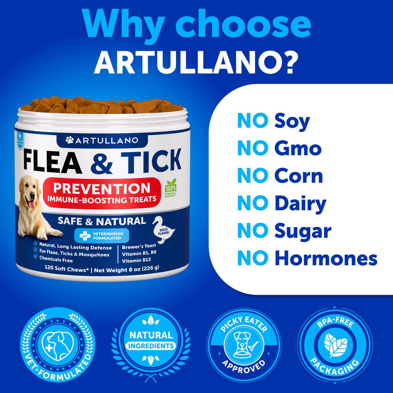 Flea and Tick Prevention for Dogs Chewables - Natural Flea Treatment Control - Supplement for Large & Small Dogs with Vitamins - Immune Support Chews - Puppy Pest Defense Oral Pills - 120 Soft Treats 120 Chews for Dogs