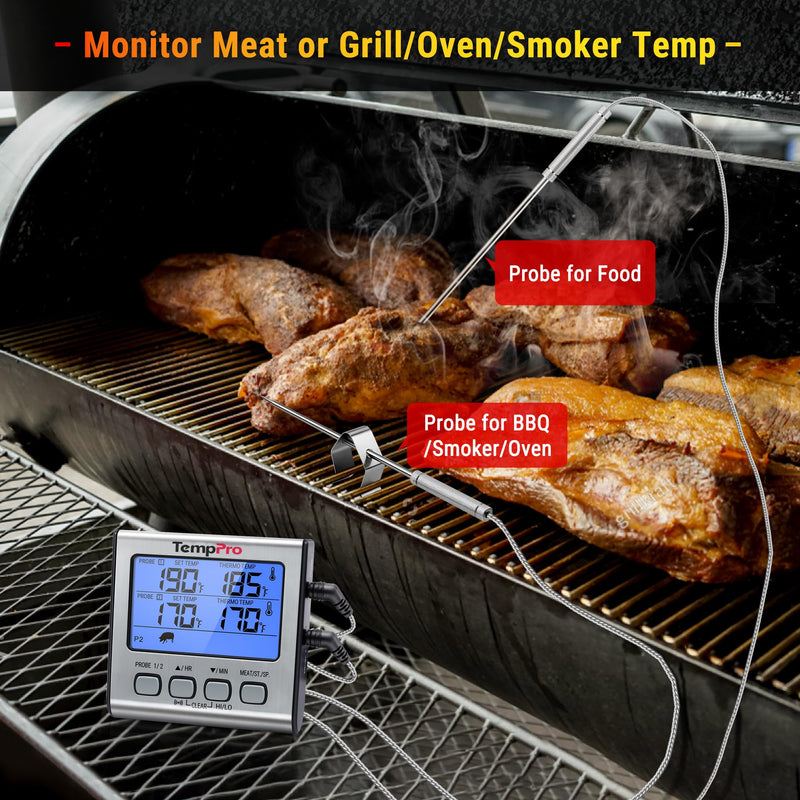 TempPro TP17 Dual Probe Digital Cooking Meat Thermometer Large LCD Backlight Food Grill Thermometer with Timer Mode for Smoker Kitchen Oven BBQ, Silver (Previously ThermoPro) 2-probes