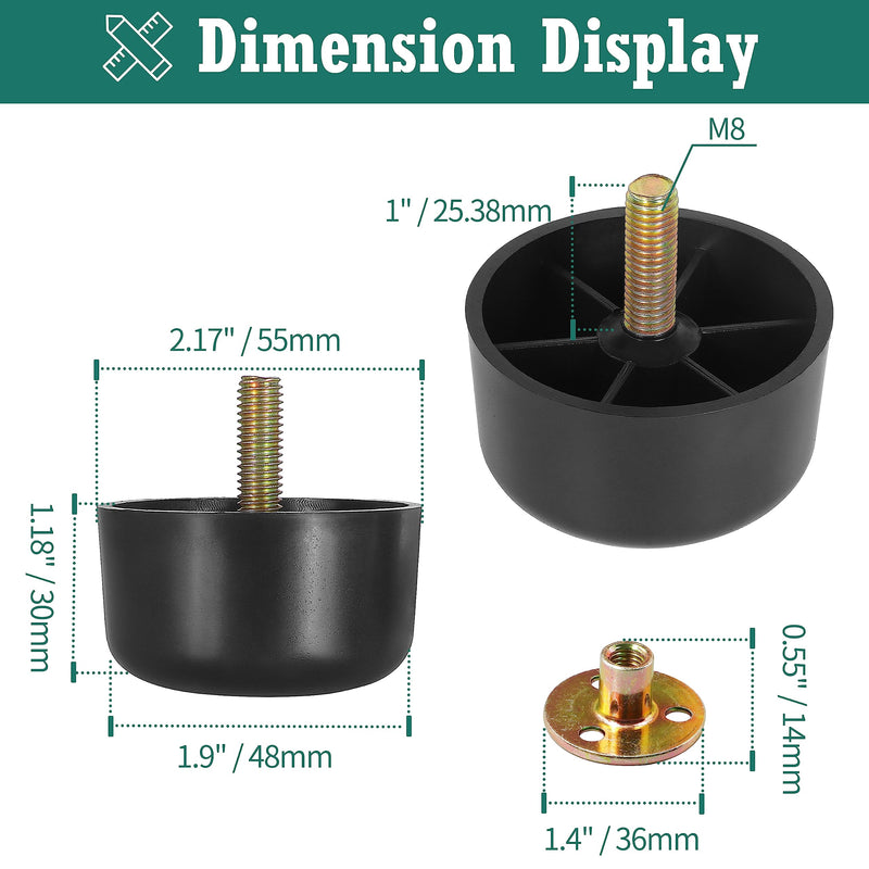 4pcs Plastic Furniture Legs 1-1/8 inch, Black Couch Legs Round Furniture Feet Sofa Replacement Legs with M8 Plate Nuts for Couch Table Sofa
