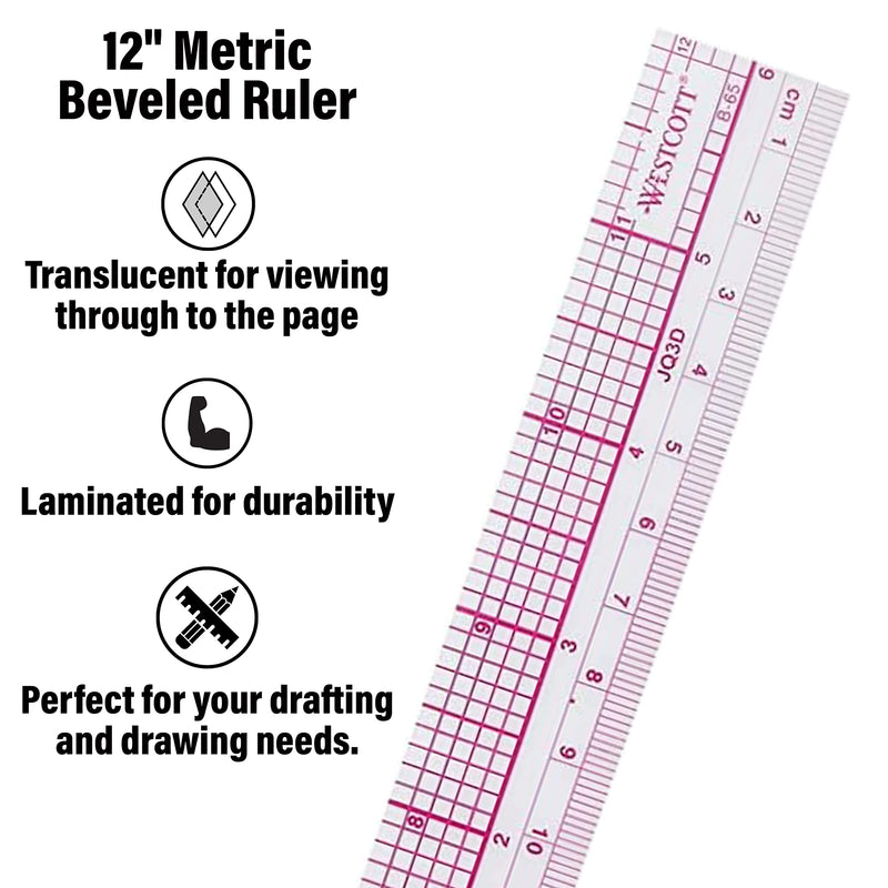 Westcott 10ths/Metric Beveled Ruler, 12-Inch/30cm (B-65), Clear 1 Count (Pack of 1)
