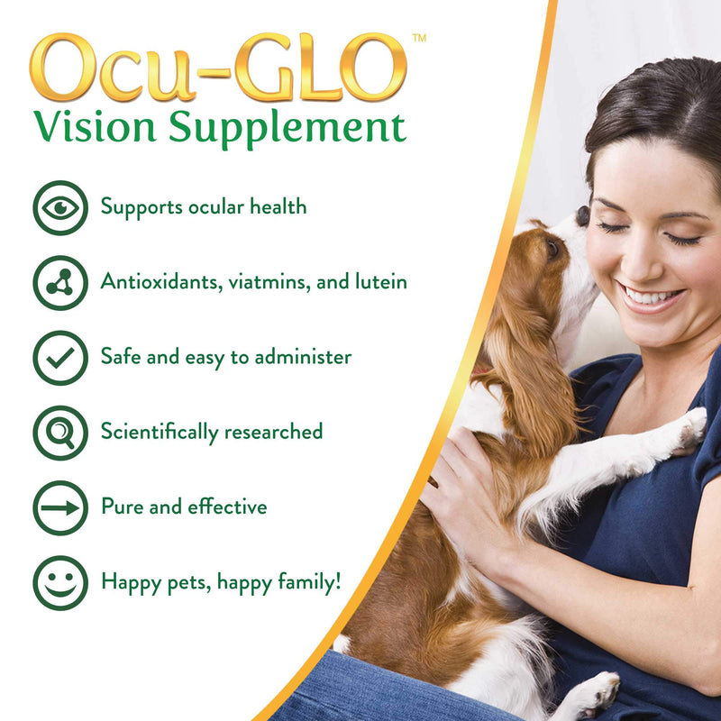 Ocu-GLO Cat & Dog Senior Supplement for Eye Support - Chewable Vision Vitamins Supplements for Large and Small Pets Care with Lutein, Omega-3 Fatty Acids, Grape Seed Extract & Antioxidants 60 Chewables (Pack of 1) - PawsPlanet Australia