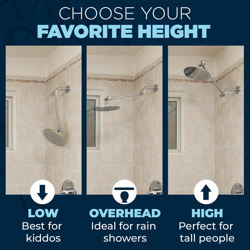 HammerHead Showers® ALL METAL 12 Inch Shower Head Extension Arm - Adjustable Shower Arm Extension Raises Showerhead Height - Shower Extender Arm Supports up to 10lbs — Chrome 12 Inches Polished Chrome