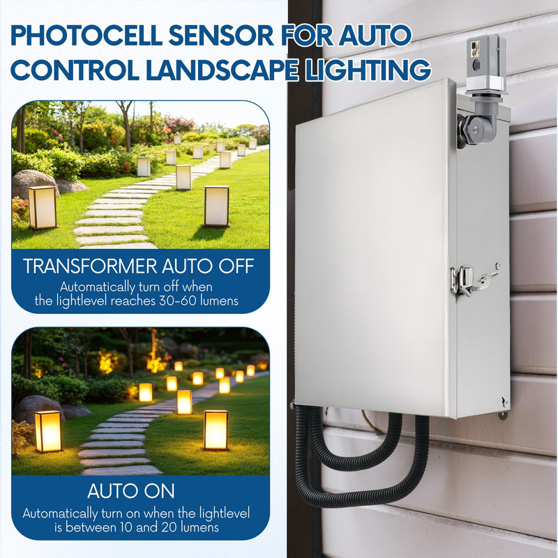Plug in Photocell, IP44 Waterproof Lighting Sensor Compatible with Kichler Plus/Professional Series Transformers, Fits Standard 1/2" Knock Outs, 120V Dusk to Dawn Sensor for Outdoor Lights