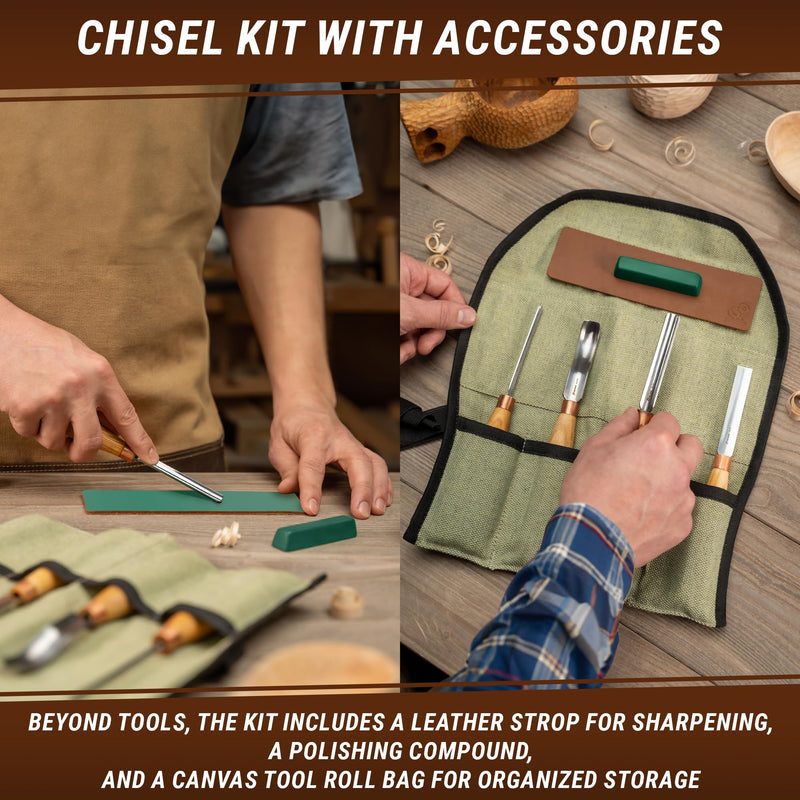 BeaverCraft Wood Carving Chisel Set SC01 - Gouge Wood Carving Tools Kit in Rolling Pouch with Leather Strop Polishing Compound Kit - Radial Gouges Flat Chisel Bent Gouge (Chisel Set)