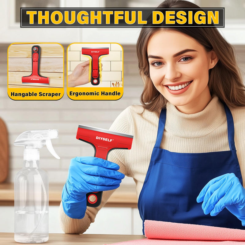 DIYSELF 1 Pack Razor Blade Scraper, Razor Scraper for Cleaning Stove Top, Cooktop, Oven, Glass Scraper, Paint Scraper, Scraper Tool Kitchen, Window Scraper with 10 Extra 4-Inch Razor Blade Red