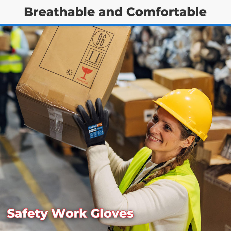 KAYGO Cut Resistant Gloves PU Coated, 12 Pairs Safety Work Gloves with Full Fingers Touchscreen, ANSI Cut Level A1, KGP26 Black Medium
