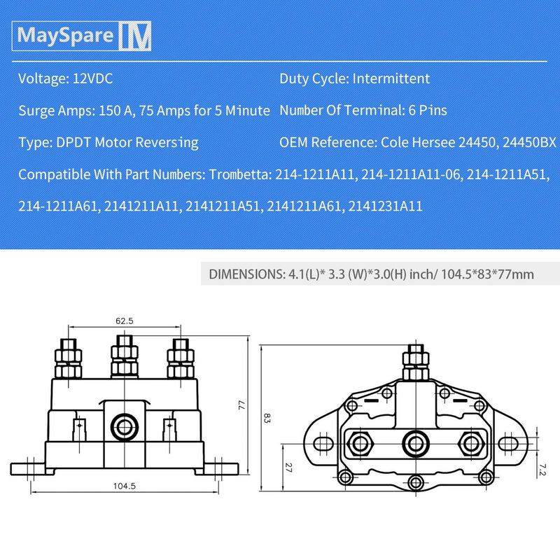 MaySpare Winch Motor Reversing Solenoid Switch Intermittent Duty Trombetta 214-1231-A11 6 Terminal 12VDC