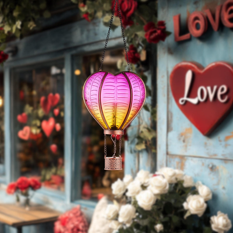 TERESA'S COLLECTIONS Valentine's Day Christmas Party Decorations, Hot Air Balloon Solar Lantern for Garden , Flickering Flame Hanging Solar Lights,Heart Shape Lantern for Anniversary Wedding Decor Pink