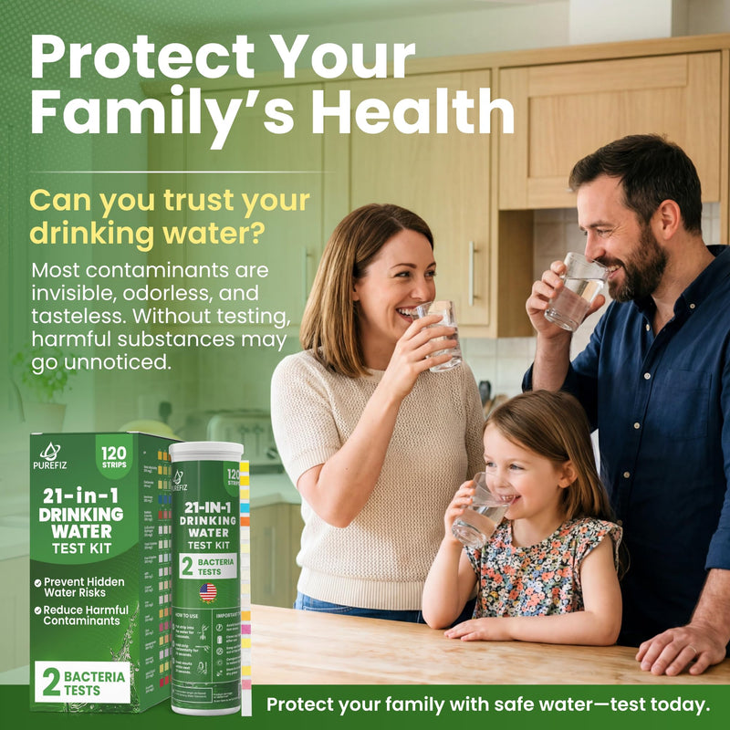 21-in-1 Drinking Water Test Kit – 120 Strips + 2 Bacteria Tests – Easy DIY Testing for Tap, Well & Spring Water – Tests Lead, Fluoride, Iron, Hardness, pH, Chlorine, Copper, Bacteria & More Drinking Water Test Kit (120 Pack)
