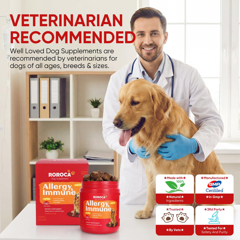 Dog Allergy Relief Chews – Anti Itch & Skin Support for Dogs, Stops Scratching, Paw Licking & Hot Spots, Probiotics for Gut & Immune Health, Chicken Flavor, 180 Soft Chews Light Brown