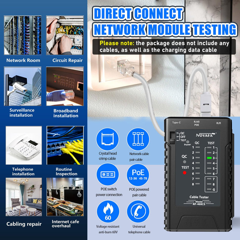NF-468CS Network Cable Tester Ethernet Cable Wire Tester with Continuity Test for RJ45/RJ11/RJ12/POE/CAT3/CAT5/CAT5E/CAT6/CAT6A UTP/STP LAN and Telephone Line Testing Tool 468CS