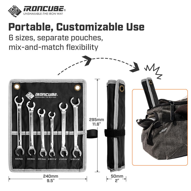 Flare Nut Wrench Set: 6-piece SAE & Metric Line Wrench Set for Removing or Replacing Nuts on Fuel, Brake or Air Conditioning Lines, Organizer Pouch Included