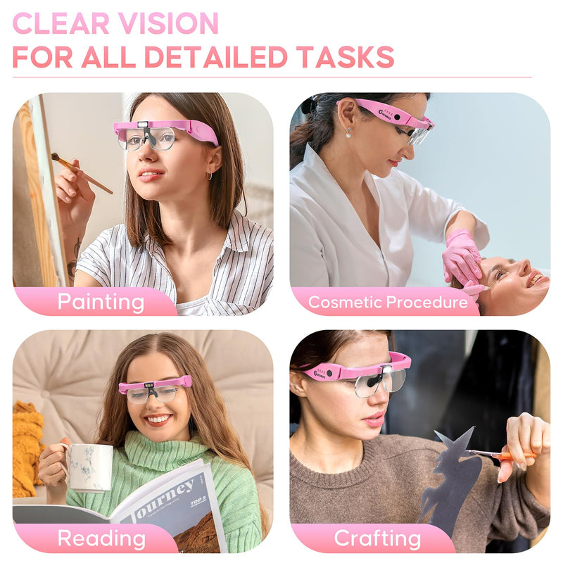 Magnifying Glass with Light, 1.5X-5.0X Magnifying Glasses, Rechargeable Magnifier Headset with Light, Head Magnifier with 4 Detachable Lenses, Magnify Glasses for Close Work Crafts Jewelry Pink Magnifying Glass With Light