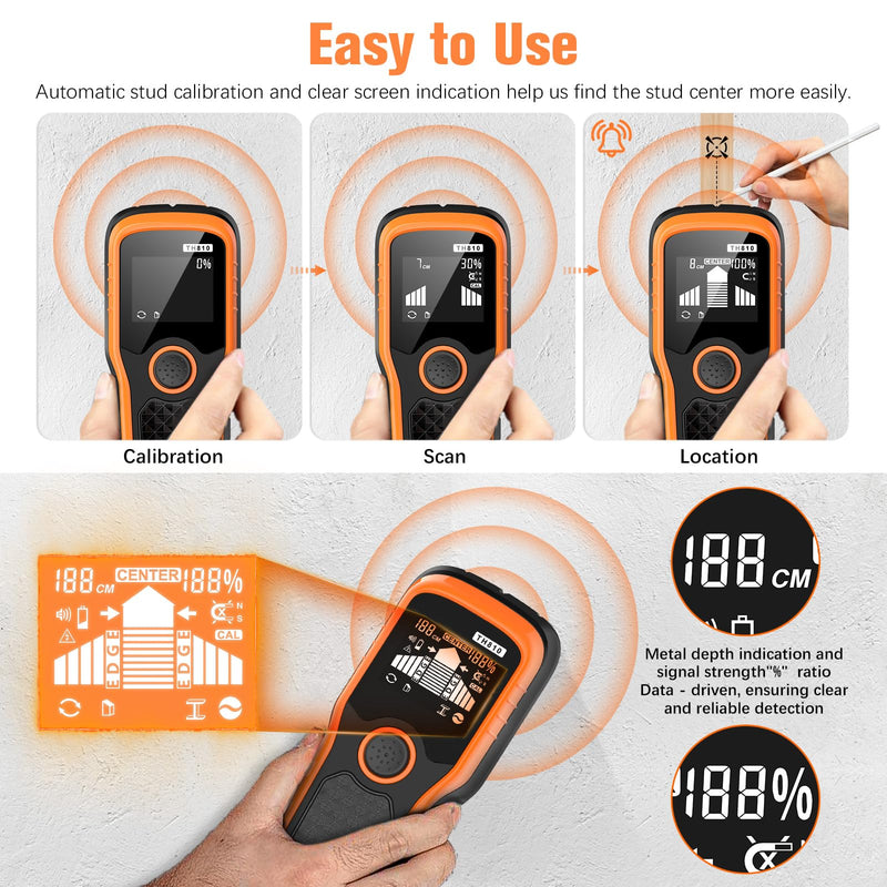Stud Finder Wall Scanner - 6-in-1 Upgraded Multifunction Auto Detection with LCD Display & Audio Alarm for Wood, Metal & AC Wires, Ideal for Home DIY & Professional Contractors (Orange) Orange